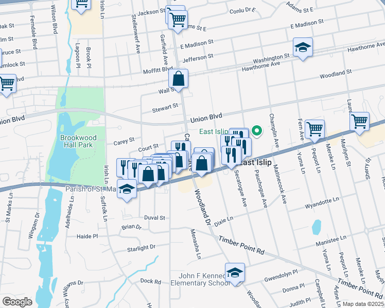 map of restaurants, bars, coffee shops, grocery stores, and more near 33 Carleton Avenue in East Islip