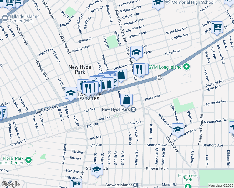 map of restaurants, bars, coffee shops, grocery stores, and more near 3 Millers Lane in New Hyde Park