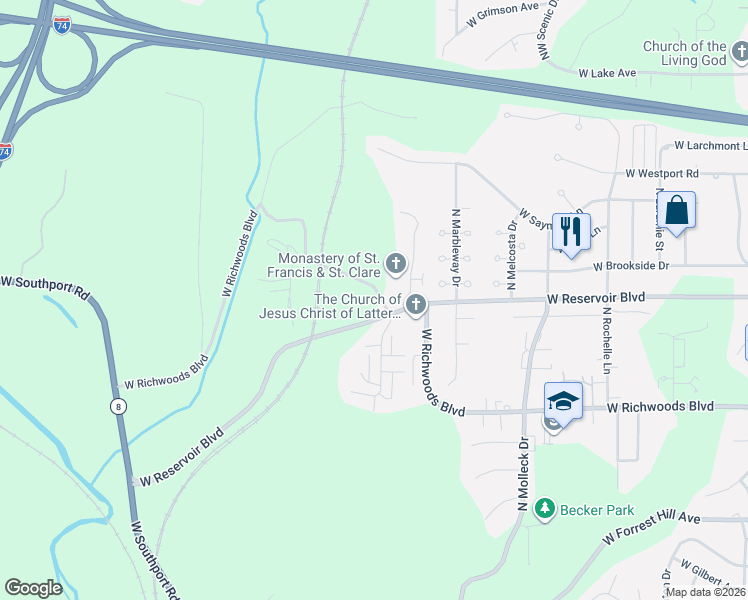 map of restaurants, bars, coffee shops, grocery stores, and more near 3812 West Richwoods Boulevard in Peoria