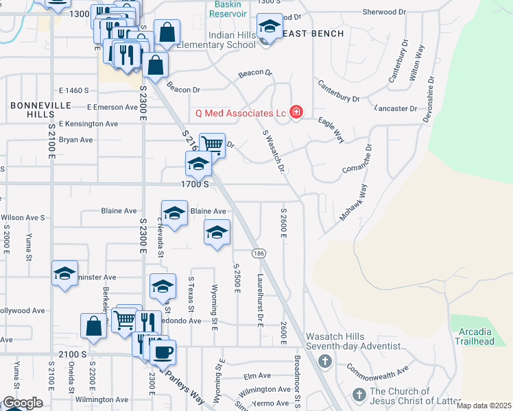map of restaurants, bars, coffee shops, grocery stores, and more near 1750 Laurelhurst Drive East in Salt Lake City