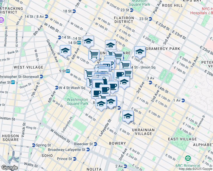 map of restaurants, bars, coffee shops, grocery stores, and more near 21 East 10th Street in New York