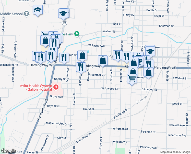 map of restaurants, bars, coffee shops, grocery stores, and more near 374 Cherry St in Galion