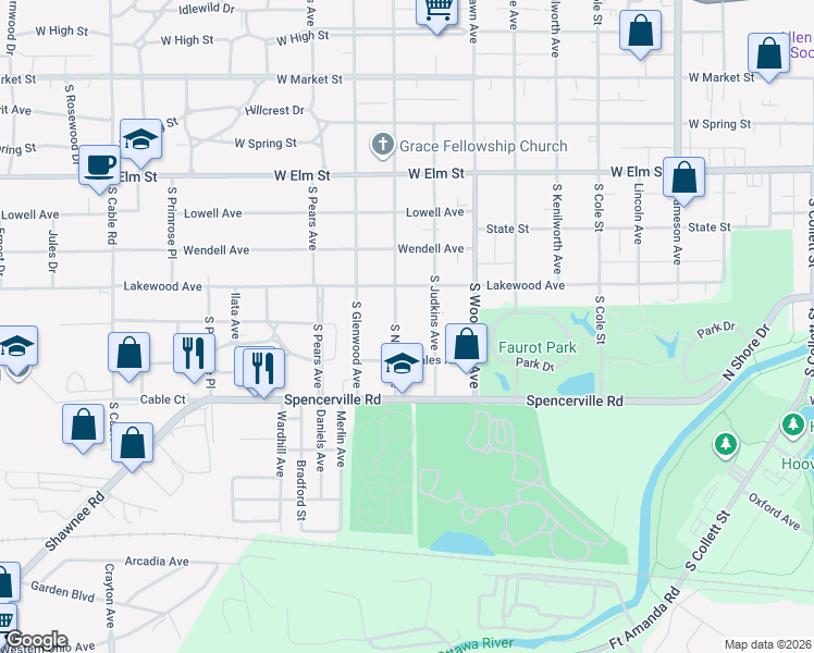 map of restaurants, bars, coffee shops, grocery stores, and more near 701 South Nixon Avenue in Lima