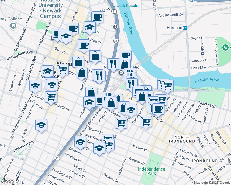 map of restaurants, bars, coffee shops, grocery stores, and more near 37 New Jersey Railroad Avenue in Newark