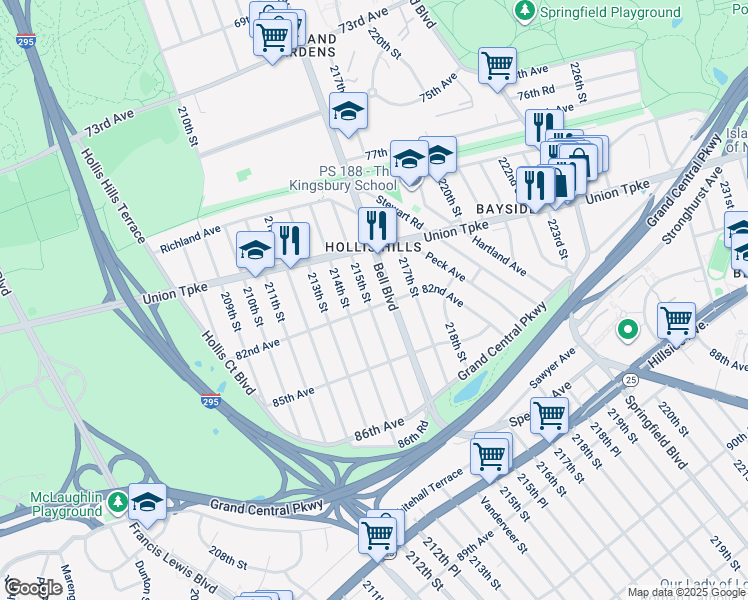 map of restaurants, bars, coffee shops, grocery stores, and more near 80-57 215th Street in Queens