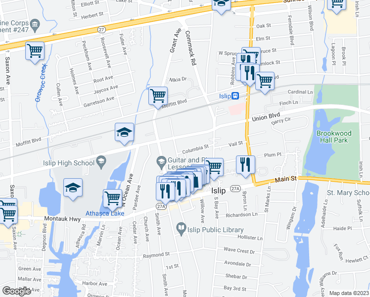 map of restaurants, bars, coffee shops, grocery stores, and more near 15 Columbia Street in Islip