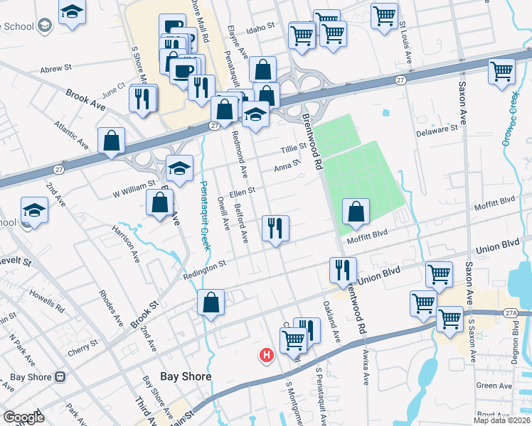 map of restaurants, bars, coffee shops, grocery stores, and more near 104 Penataquit Avenue in Bay Shore