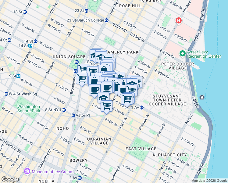 map of restaurants, bars, coffee shops, grocery stores, and more near 230 East 14th Street in New York