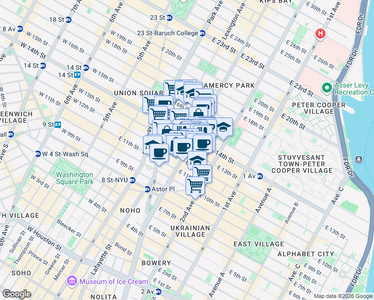 map of restaurants, bars, coffee shops, grocery stores, and more near 3rd Ave & E 13th St in New York