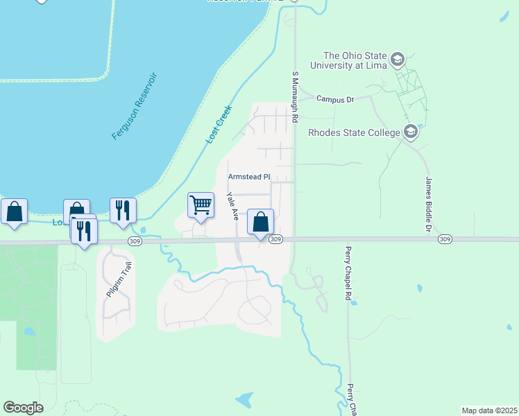 map of restaurants, bars, coffee shops, grocery stores, and more near 3751 Mount Vernon Place in Lima