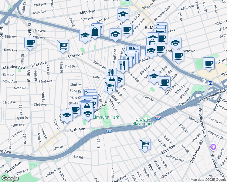 map of restaurants, bars, coffee shops, grocery stores, and more near 82-16 Grand Avenue in Queens