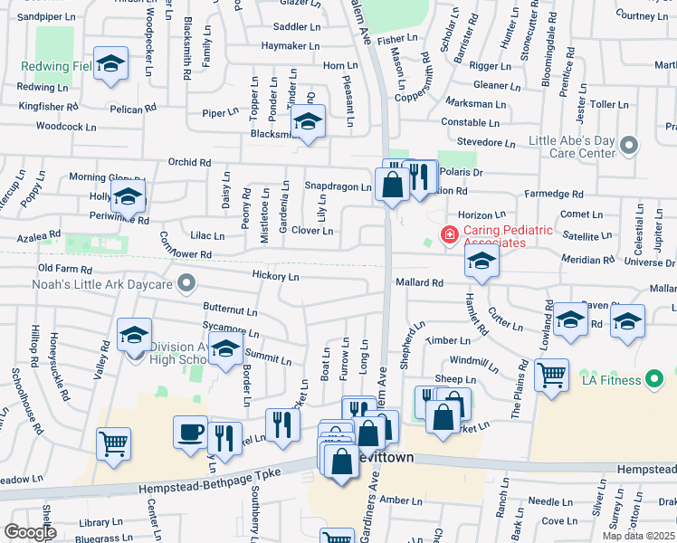 map of restaurants, bars, coffee shops, grocery stores, and more near 111 Hickory Ln in Levittown