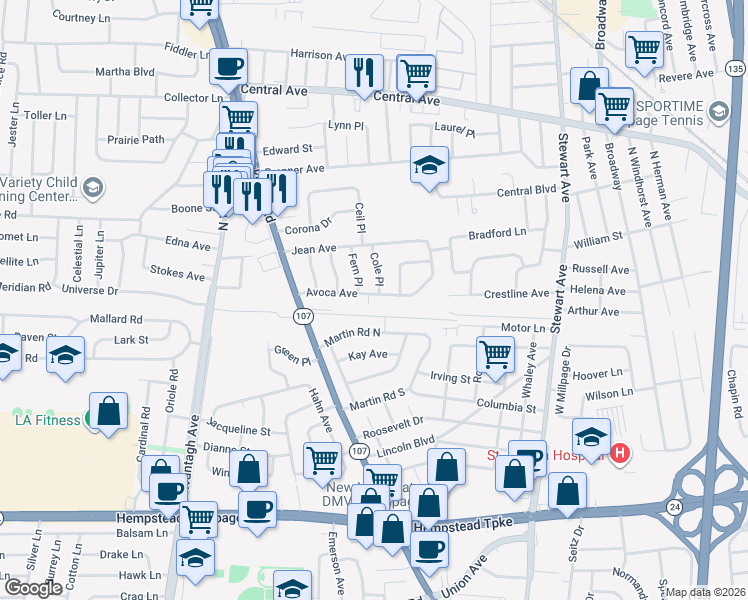 map of restaurants, bars, coffee shops, grocery stores, and more near 4000 Avoca Avenue in Bethpage