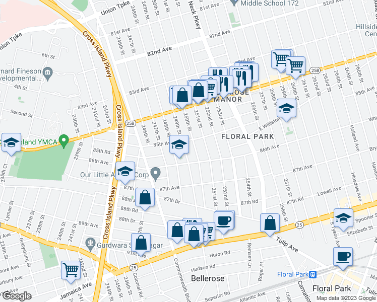 map of restaurants, bars, coffee shops, grocery stores, and more near 85-21 249th Street in Queens