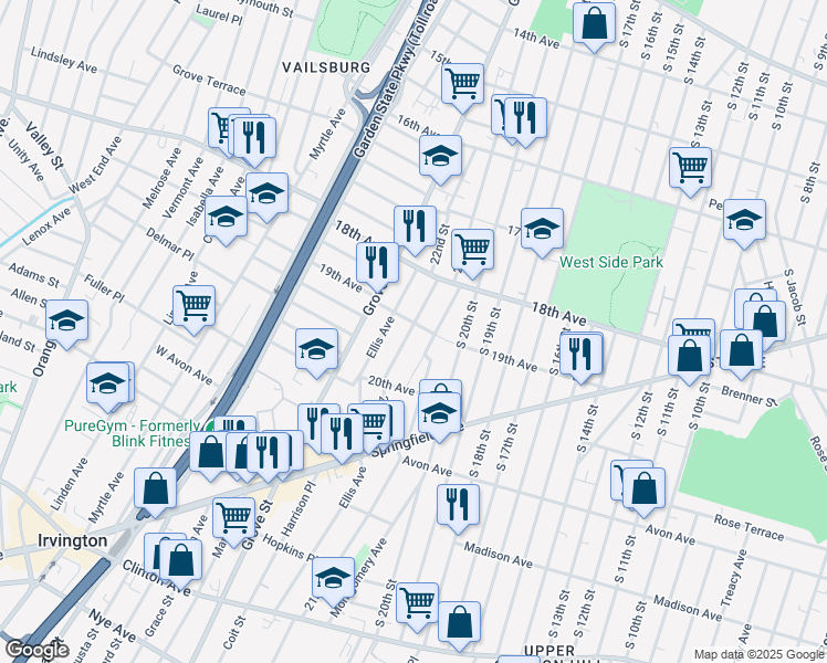 map of restaurants, bars, coffee shops, grocery stores, and more near 100 22nd Street in Irvington