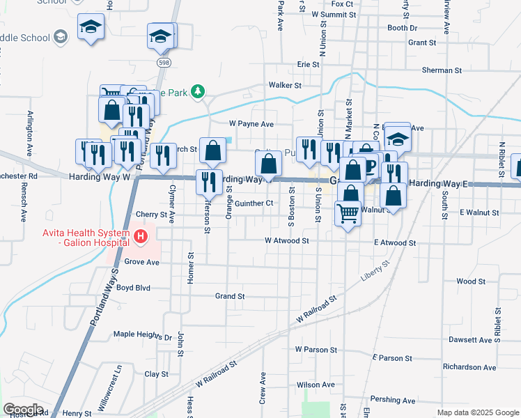 map of restaurants, bars, coffee shops, grocery stores, and more near 374 Cherry Street in Galion