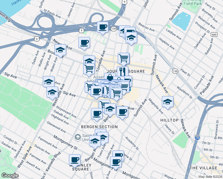 map of restaurants, bars, coffee shops, grocery stores, and more near 282 Magnolia Avenue in Jersey City