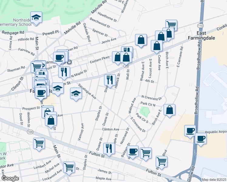 map of restaurants, bars, coffee shops, grocery stores, and more near 56 Hudson Street in Farmingdale