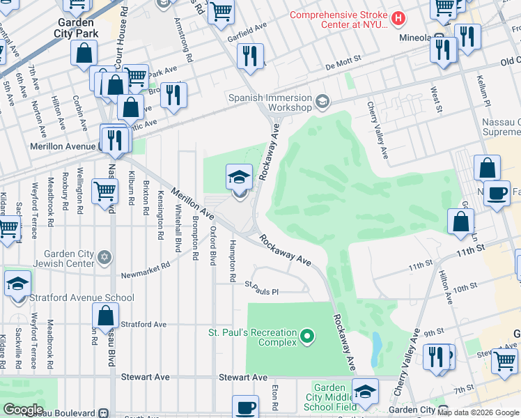 map of restaurants, bars, coffee shops, grocery stores, and more near 169 Rockaway Avenue in Garden City