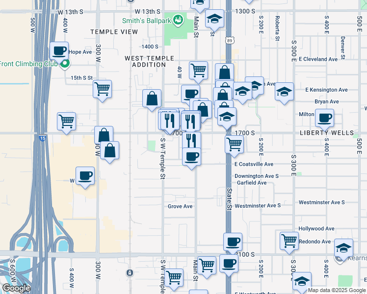 map of restaurants, bars, coffee shops, grocery stores, and more near 1739 Richards Street in Salt Lake City