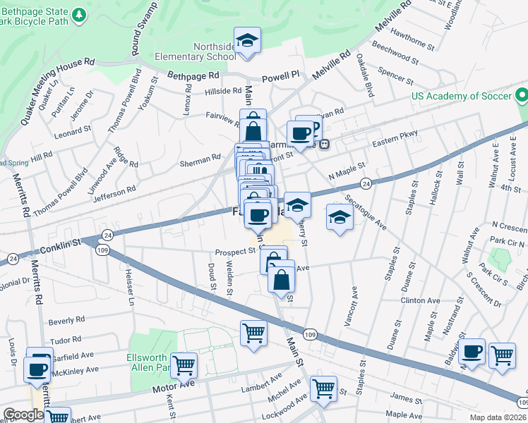 map of restaurants, bars, coffee shops, grocery stores, and more near in Farmingdale