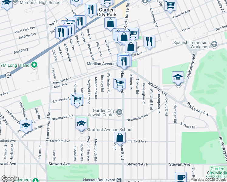 map of restaurants, bars, coffee shops, grocery stores, and more near 194 Euston Road in Garden City