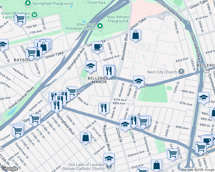 map of restaurants, bars, coffee shops, grocery stores, and more near 86-28 233rd Street in Queens