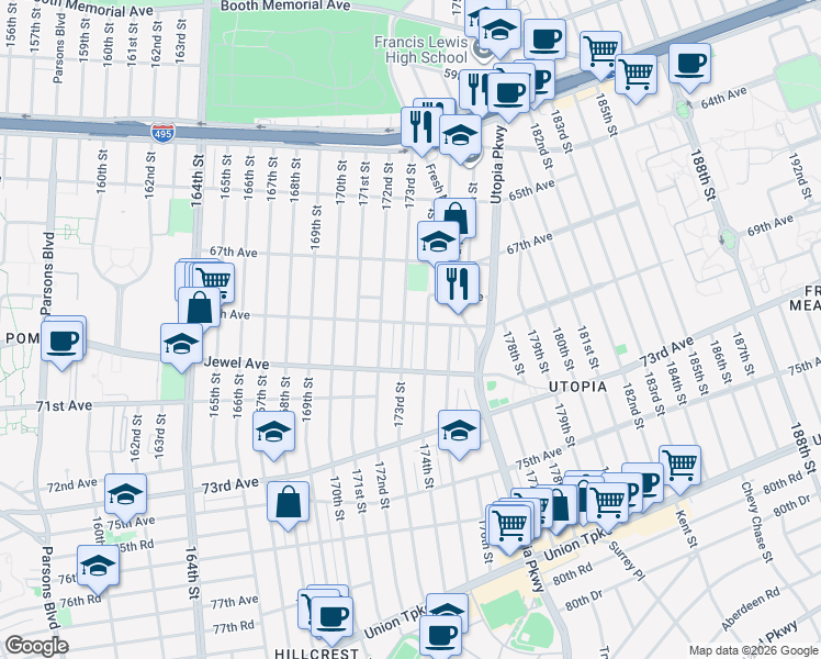 map of restaurants, bars, coffee shops, grocery stores, and more near 69-06 173rd Street in Queens