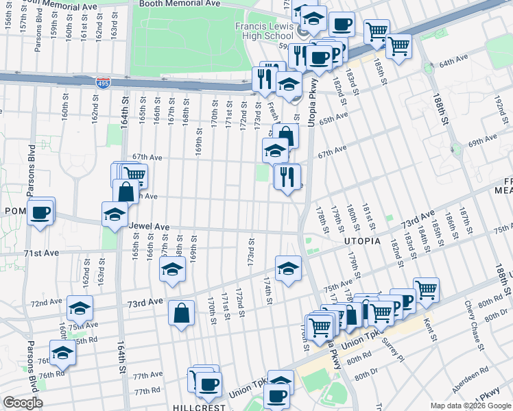 map of restaurants, bars, coffee shops, grocery stores, and more near 69-06 173rd Street in Queens