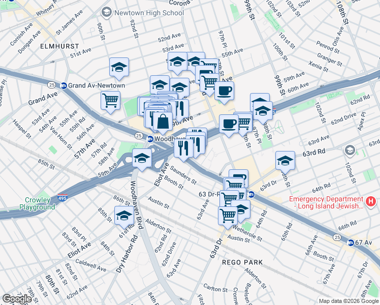 map of restaurants, bars, coffee shops, grocery stores, and more near 9229 Queens Boulevard in Queens