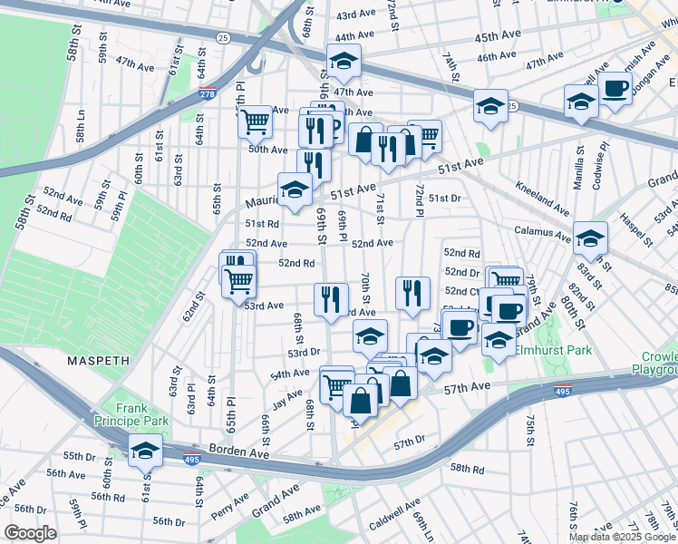 map of restaurants, bars, coffee shops, grocery stores, and more near 52-37 69th Place in Queens