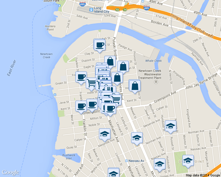 map of restaurants, bars, coffee shops, grocery stores, and more near 171 India Street in Brooklyn