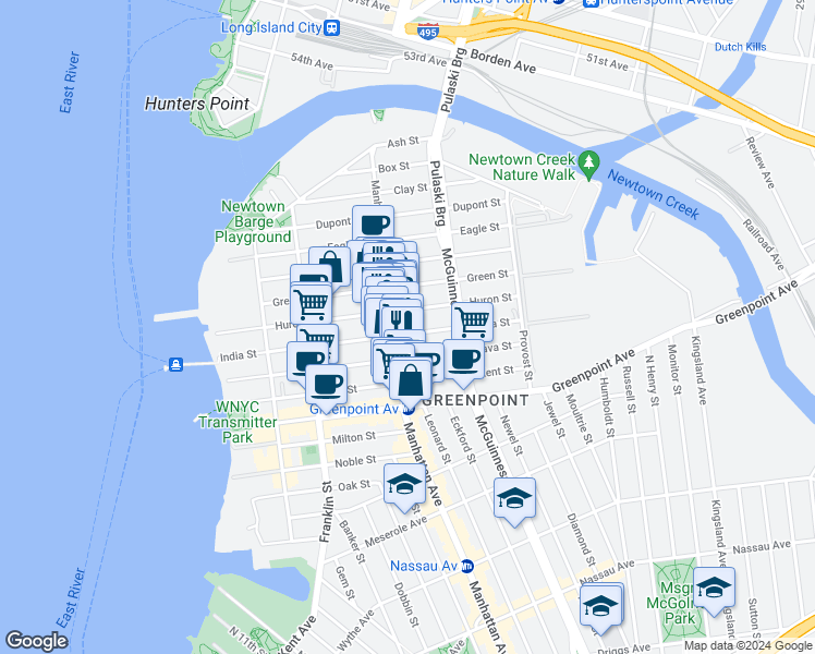 map of restaurants, bars, coffee shops, grocery stores, and more near 974 Manhattan Avenue in Brooklyn