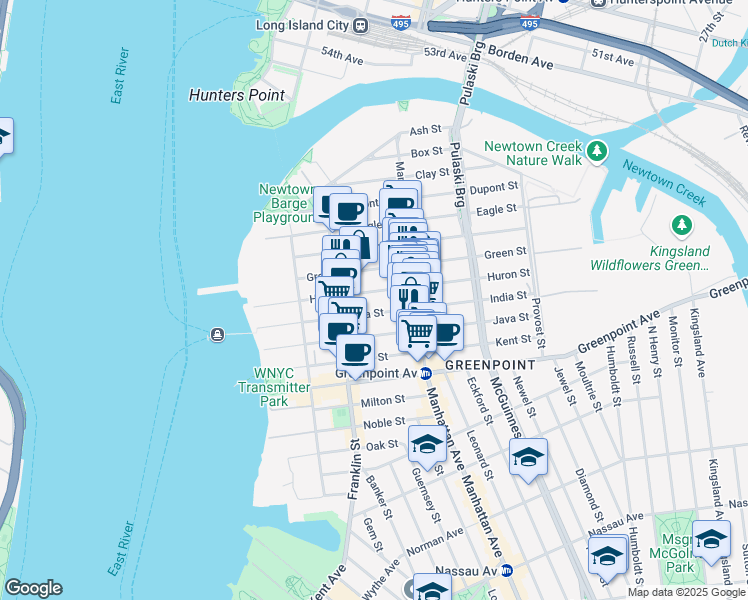 map of restaurants, bars, coffee shops, grocery stores, and more near 109 India Street in Brooklyn
