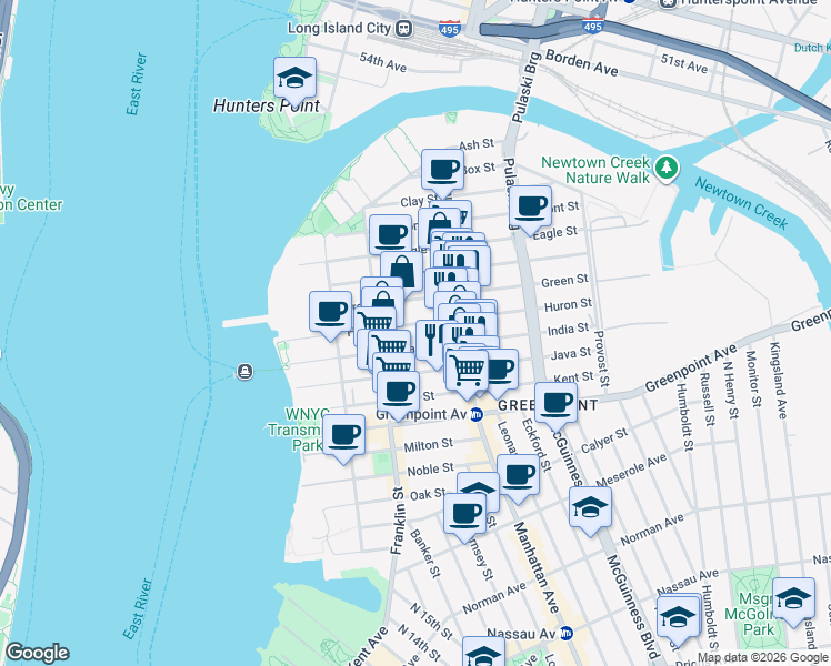 map of restaurants, bars, coffee shops, grocery stores, and more near 109 India Street in Brooklyn