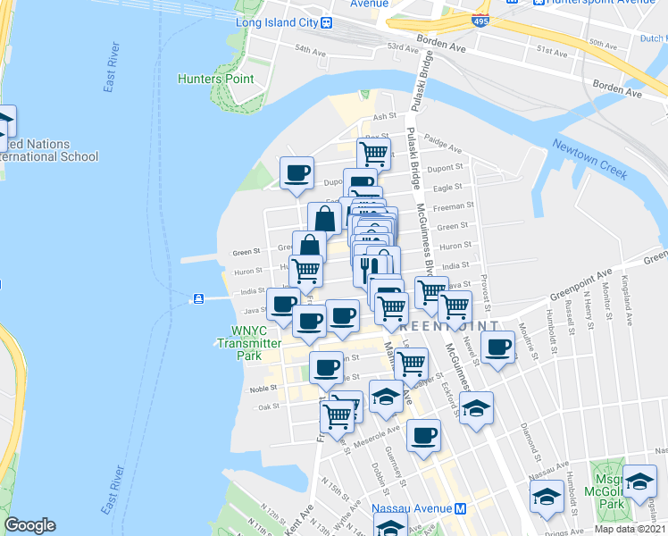 map of restaurants, bars, coffee shops, grocery stores, and more near 109 India Street in Brooklyn