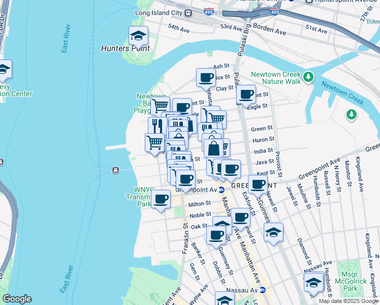 map of restaurants, bars, coffee shops, grocery stores, and more near 159 Franklin Street in Brooklyn