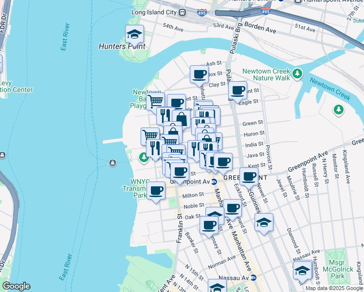 map of restaurants, bars, coffee shops, grocery stores, and more near 159 Franklin Street in Brooklyn