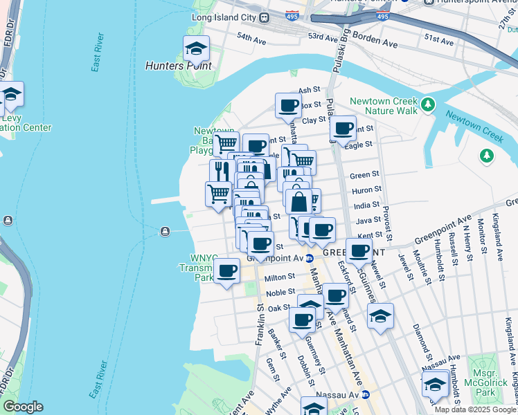 map of restaurants, bars, coffee shops, grocery stores, and more near 159 Franklin Street in Brooklyn