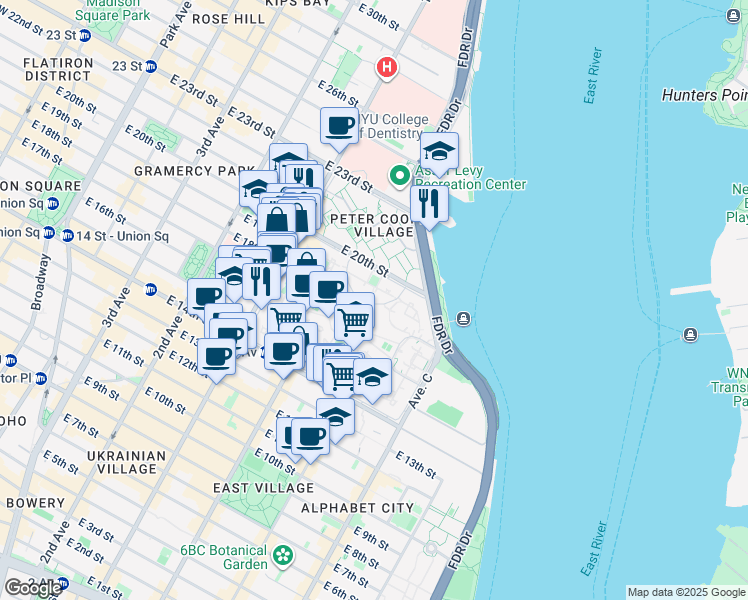 map of restaurants, bars, coffee shops, grocery stores, and more near 526 East 20th Street in New York