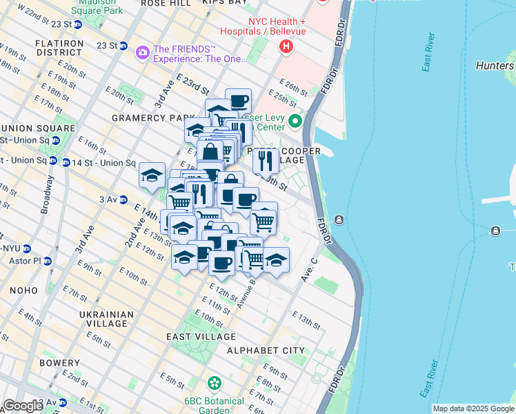 map of restaurants, bars, coffee shops, grocery stores, and more near 17 Stuyvesant Oval in New York