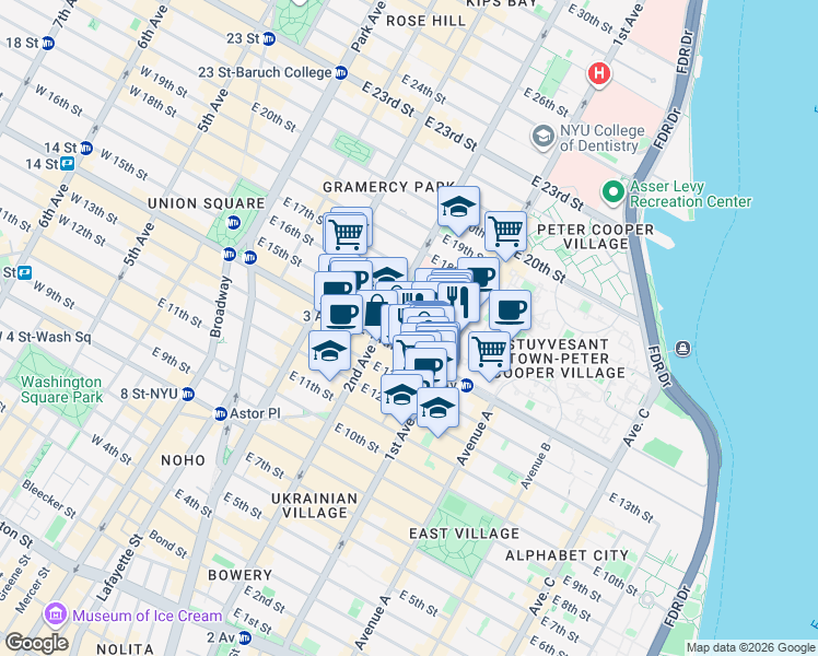 map of restaurants, bars, coffee shops, grocery stores, and more near 345 East 15th Street in New York