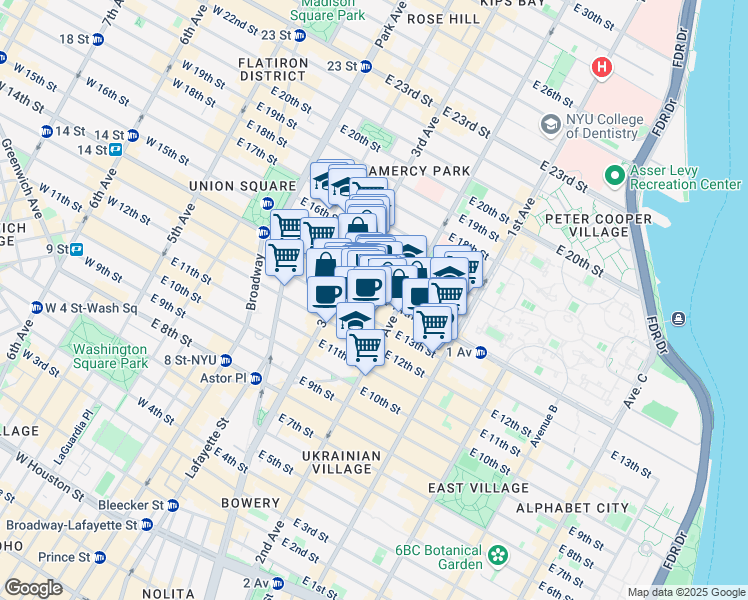 map of restaurants, bars, coffee shops, grocery stores, and more near 230 East 14th Street in New York