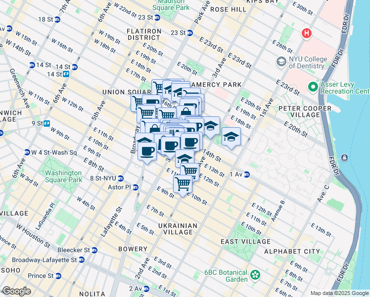 map of restaurants, bars, coffee shops, grocery stores, and more near in New York