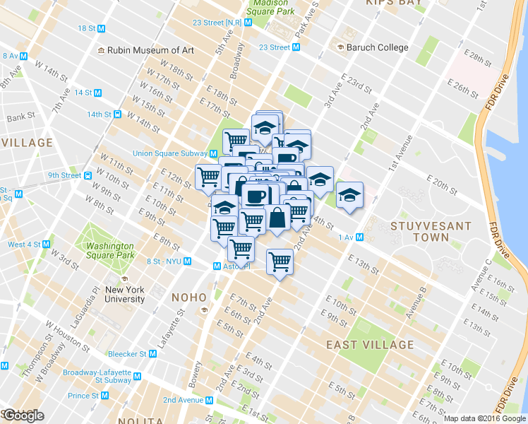 map of restaurants, bars, coffee shops, grocery stores, and more near in New York