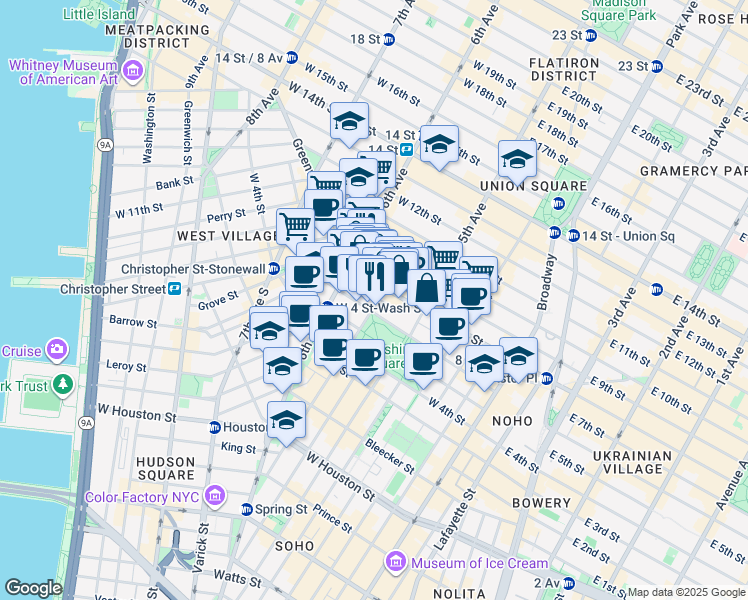 map of restaurants, bars, coffee shops, grocery stores, and more near 218 MacDougal Street in New York