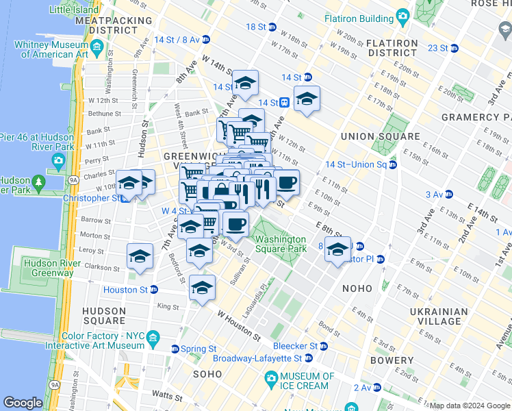 map of restaurants, bars, coffee shops, grocery stores, and more near 118 Waverly Place in New York