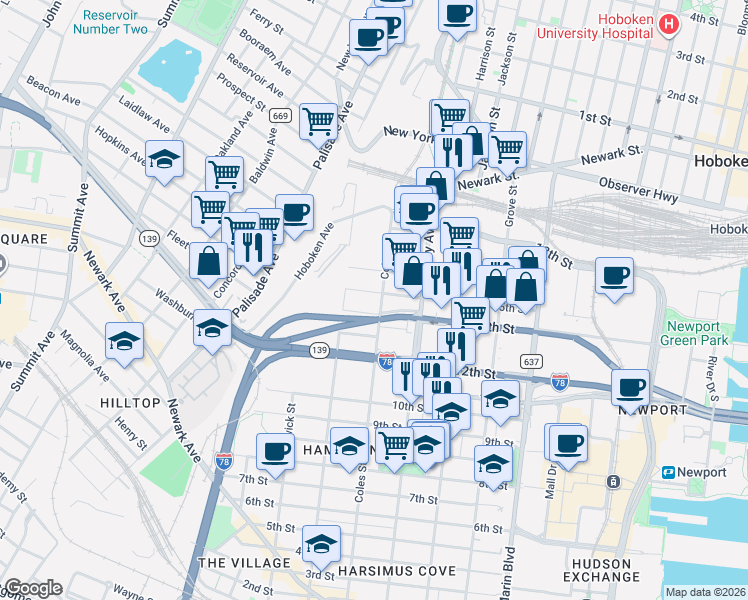 map of restaurants, bars, coffee shops, grocery stores, and more near 264 Coles Street in Jersey City