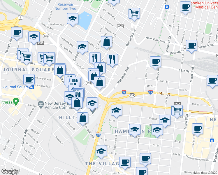 map of restaurants, bars, coffee shops, grocery stores, and more near 91 Palisade Avenue in Jersey City