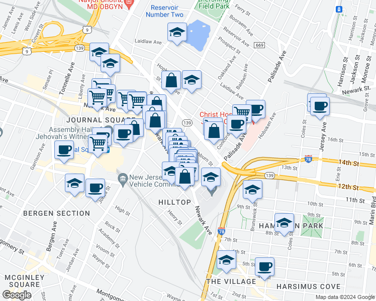 map of restaurants, bars, coffee shops, grocery stores, and more near 46 Washburn Street in Jersey City